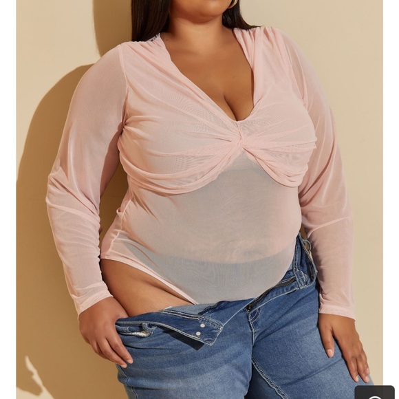 Plus ASHLEY STEWART Blush Pink Gathered Mesh Bodysuit 14/16 - Picture 7 of 8